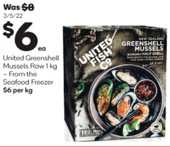 Woolworths United Greenshell Mussels Raw 1 kg - From the Seafood Freezer offer