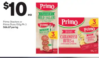 Woolworths Primo Stackers or Primo Duos 150g Pk 3 offer