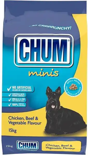 BIG W Chum Crunchy Minis Chicken, Beef & Vegetable (Small Breed) Dry Dog Food 15kg offer