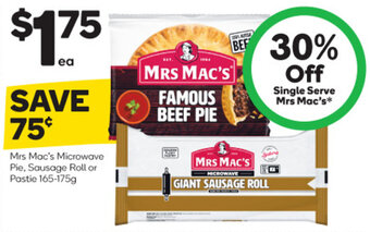 Woolworths Mrs Mac's Microwave Pie, Sausage Roll or Pastie 165-175g offer