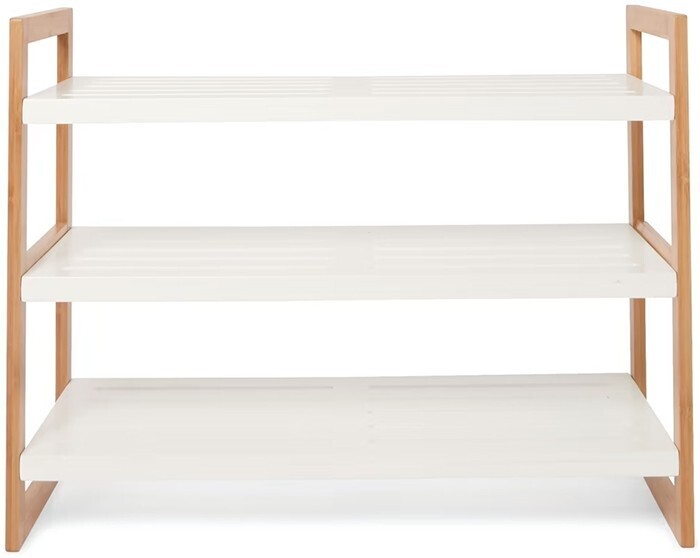 Kmart 3 Tier Stackable Bamboo Shoe Rack with White Shelves offer