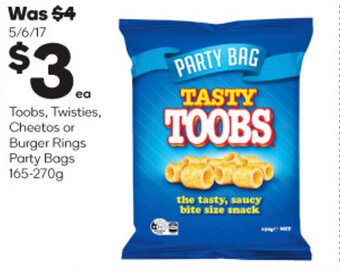 Woolworths Toobs, Twisties, Cheetos or Burger Rings Party Bags 165-270g offer