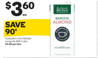 Woolworths Australia's Own Barista Long Life Milk 1 Litre offer