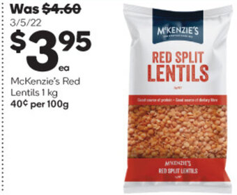 Woolworths McKenzie's Red Lentils 1 kg offer