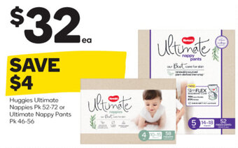 Woolworths Huggies Ultimate Nappies Pk 52-72 or Ultimate Nappy Pants Pk 46-56 offer