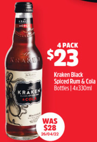 Woolworths Kraken Black Spiced Rum & Cola Bottles 4x330ml offer