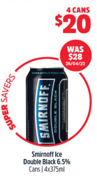 Woolworths Smirnoff Ice Double Black 6.5% Cans 4x375ml offer