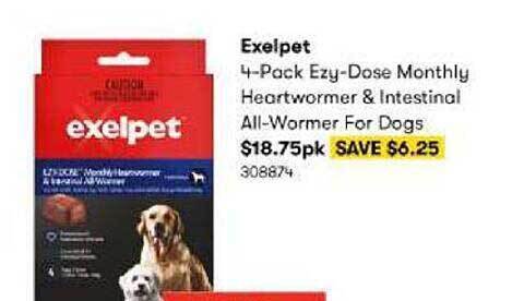 BIG W Exelpet 4-Pack Ezy-Dose Monthly Heartwormer & Intestinal All-Wormer For Dogs offer