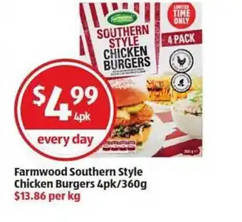 ALDI Farmwood Southern Style Chicken Burgers offer