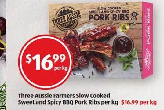 Three Aussie Farmers Slow Cooked Sweet And Spicy Bbq Pork Ribs Per Kg Offer At Aldi