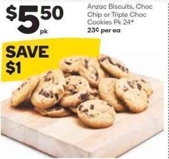 Woolworths Anzac Biscuits, Choc Chip or Triple Choc Cookies Pk 24 offer