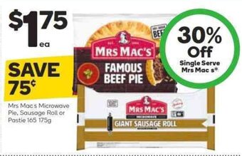 Woolworths Mrs Mac's Microwave Pie, Sausage Roll or Pastie 165-175g offer