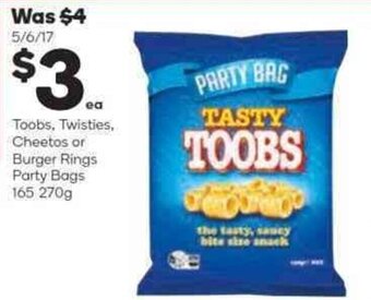 Woolworths Toobs, Twisties, Cheetos or Burger Rings Party Bags 165-270g offer