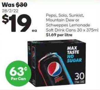 Woolworths Pepsi, Solo, Sunkist, Mountain Dew or Schweppes Lemonade Soft Drink Cans 30 x 375ml offer
