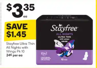 Woolworths Stayfree Ultra Thin All Nights with Wings Pk 10 offer