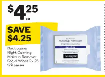 Woolworths Neutrogena Night Calming Makeup Remover Facial Wipes Pk 25 offer