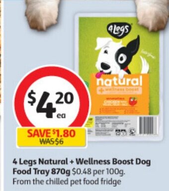 Coles 4 Legs Natural + Wellness Boost Dog Food Tray 870g offer