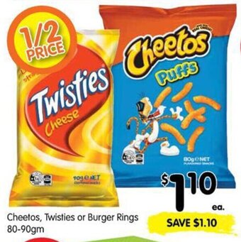 Spar Cheetos, twisties or burger rings 80-90gm offer