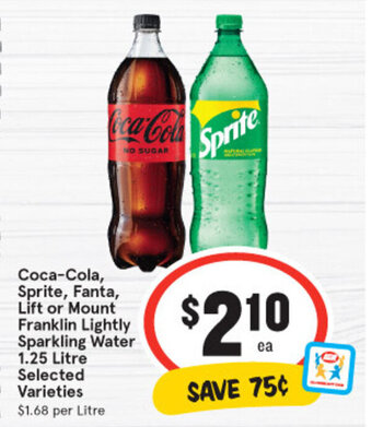 IGA Coca-cola, sprite, fanta, lift or mount franklin lightly sparkling water 1.25 litre selected varieties offer