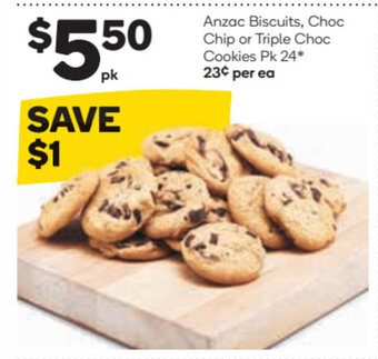 Woolworths Anzac Biscuits, Choc Chip or Triple Choc Cookies Pk 24* offer