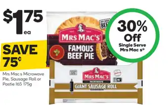 Woolworths Mrs Mac s Microwave Pie, Sausage Roll or Pastie 165 175g offer