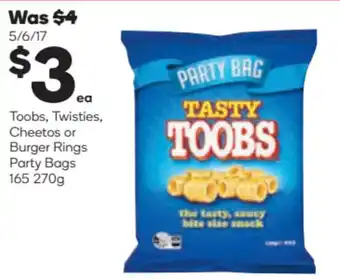 Woolworths Toobs, Twisties, Cheetos or Burger Rings Party Bags 165 270g offer