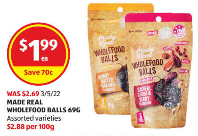 Made Real Wholefood Balls 69g offer at ALDI