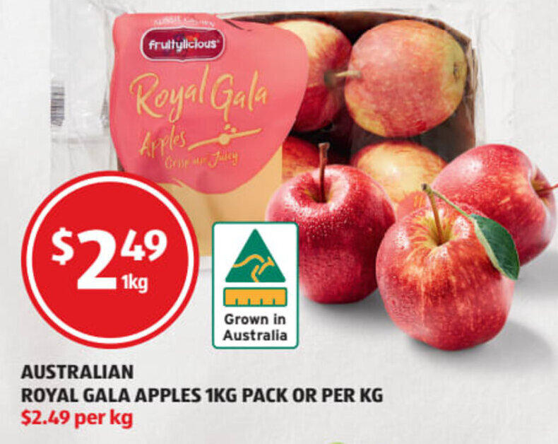 Australian Royal Gala Apples 1kg Pack or Per Kg offer at ALDI