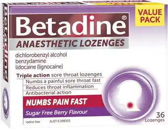 Woolworths Betadine Anaesthetic Lozenges Berry Flavour Pk 36* offer