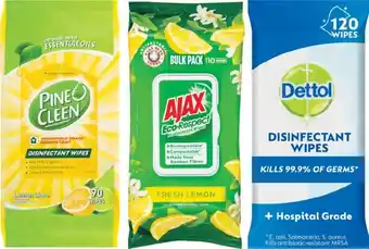 Ajax Antibacterial Wipes Pk 110, Dettol Surface Wipes Pk 120, Dettol Biodegradable Wipes Pk 90, Pine O Cleen Simply Wipes Pk 