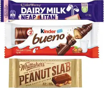 Coles Cadbury Medium Bars 30g-60g, Whittakeru2019s Slab 45g-50g or Kinder Bueno Bars 39g-43g offer