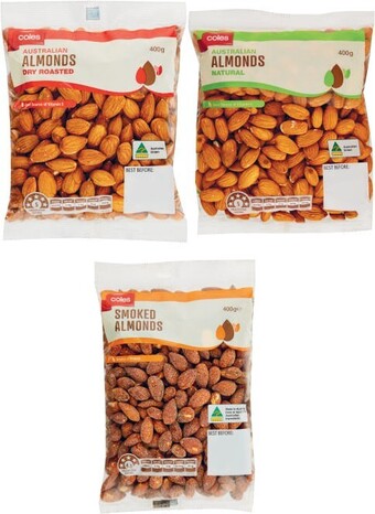 Coles Coles Natural, Dry Roasted Almonds or Smoked Almonds 400g Pack offer