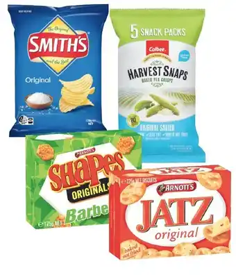 Coles Smithu2019s Crinkle Cut Potato Chips 150g-170g, Calbee Harvest Snaps 5 Pack 80g, Arnottu2019s Shapes or Jatz Crackers 160g-22 offer