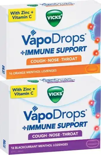 Coles Vicks Vapodrops Immune Support Blackcurrent or Orange Lozenges 16 Pack^ offer