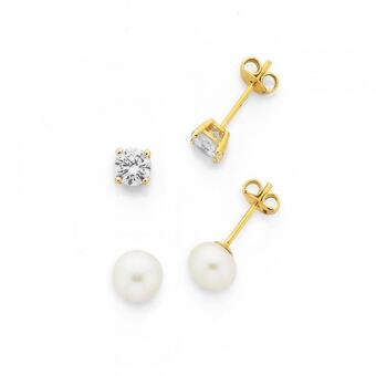 Prouds 9ct Gold Cubic Zirconia & Pearl Stud Earrings Gift Set offer