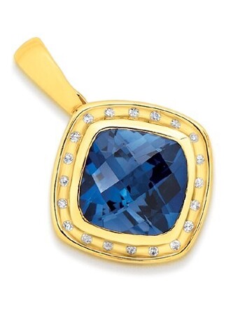 Prouds 9ct Gold Created Sapphire & Diamond Cushion Cut Enhancer Pendant offer