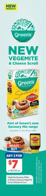 Foodland Vegemite Squeezy 200g or Green's Savoury Vegemite Scroll 387g offer