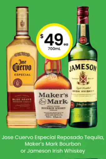 The Bottle O Jose Cuervo Especial Reposado Tequila, Maker's Mark Bourbon or Jameson Irish Whiskey 700 ml offer