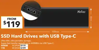 Jaycar Electronics Netac SSD Hard Drives with USB Type-C 500gGB XC5920 offer