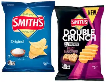 Coles Smith's Crinkle Cut Potato Chips or Double Crunch 150g-170g or Poppables 90g offer