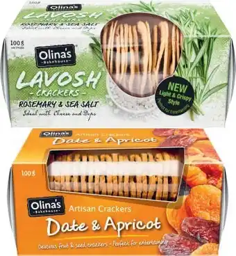 Coles Olina’s Artisan, Mediterranean, Lavosh, Simply Seed, Oat Crisps or Pita Crackers 80g-100g offer