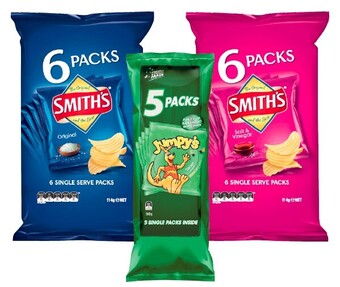 Coles Smith’s Chips 6 Pack 114g or Jumpy’s Snacks 5 Pack 90g offer