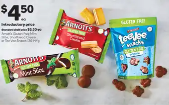 Woolworths Arnott's Gluten Free Mint Slice, Shortbread Cream or Tee Vee Snacks 130-144g offer