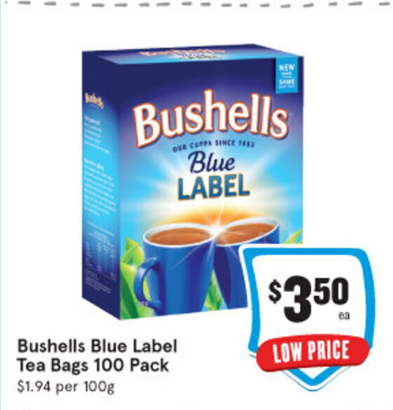 Bushells Blue Label Tea Bags 100 Pack 1.94 per 100g offer at IGA