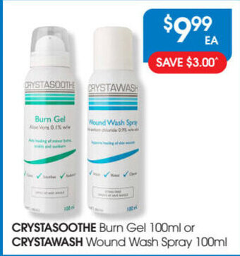 Crystasoothe burn gel 100ml or crystawash wound wash spray 100ml