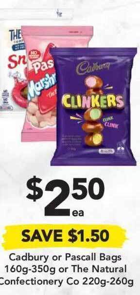 Drakes Cadbury Or Pascall Bags 160g-350g Or The Natural Confectionery Co 220g-260g offer