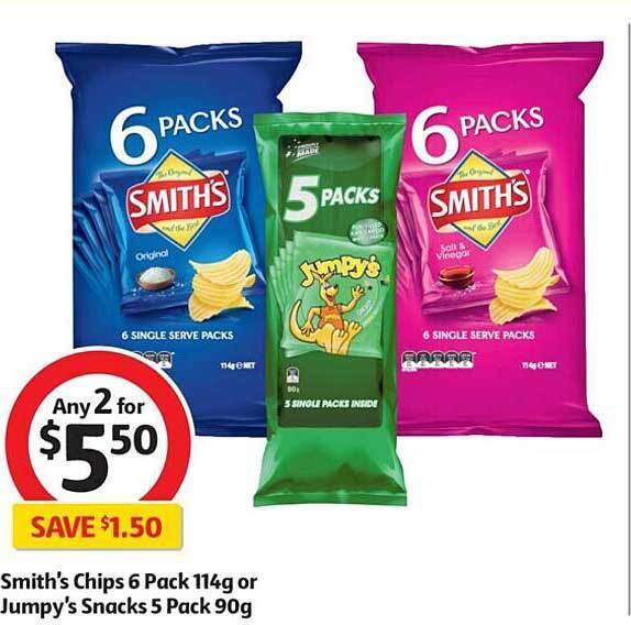 Smith's Chips 6 Pack 114g Or Jumpy's Snacks 5 Pack 90g offer at Coles