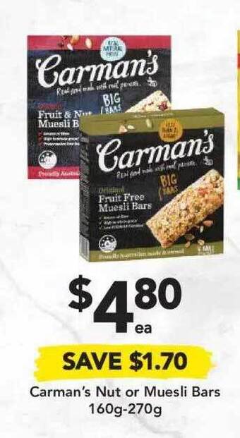 Drakes Carman's Nut Or Muesli Bars 160g-270g offer