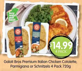Spudshed Galati Bros Premium Italian Chicken Cotolette, Parmigiana or Schnitzels 4 Pack 720g offer