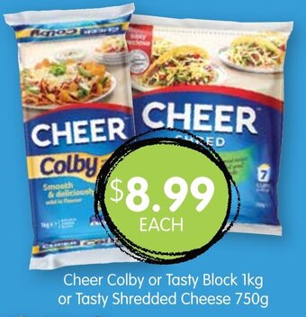 Spudshed Cheer Colby or Tasty Block 1kg or Tasty Shredded Cheese 750g offer